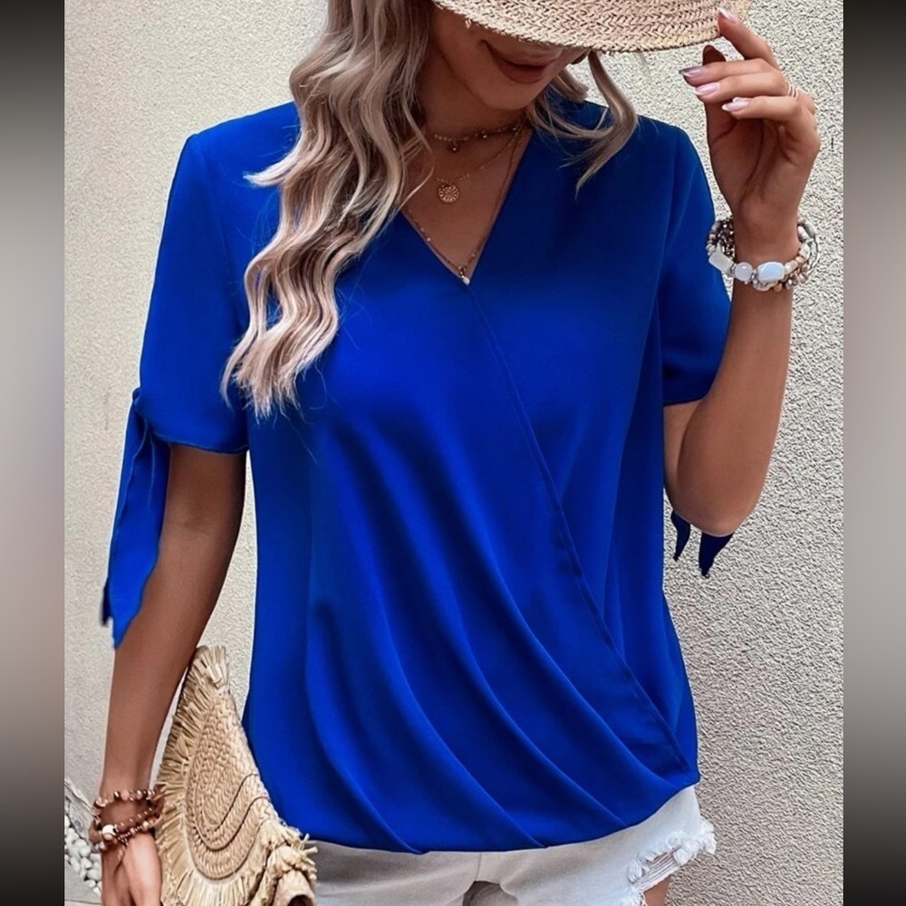 SHEIN Womens Royal Blue Solid Knot Cuff Wrap Blouse‎ V-Neck Short Sleeve Top XL